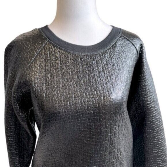 Theory 38 Black Faux leather Shiny Dressy Crew Neck Sweatshirt Top Medium - Picture 5 of 7